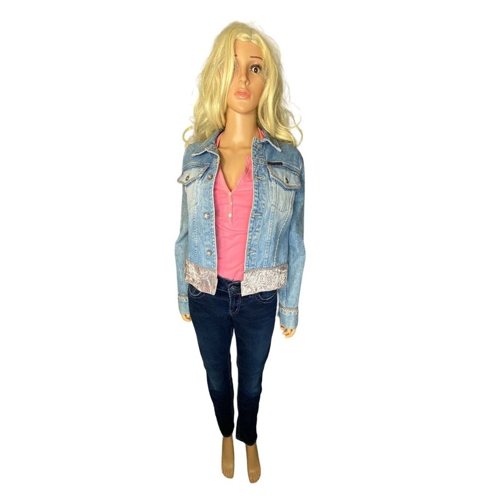 Vintage 90s DKNY Denim Jeans Jacket w/ Silver Pink Velvet Trim Medium - Picture 15 of 16